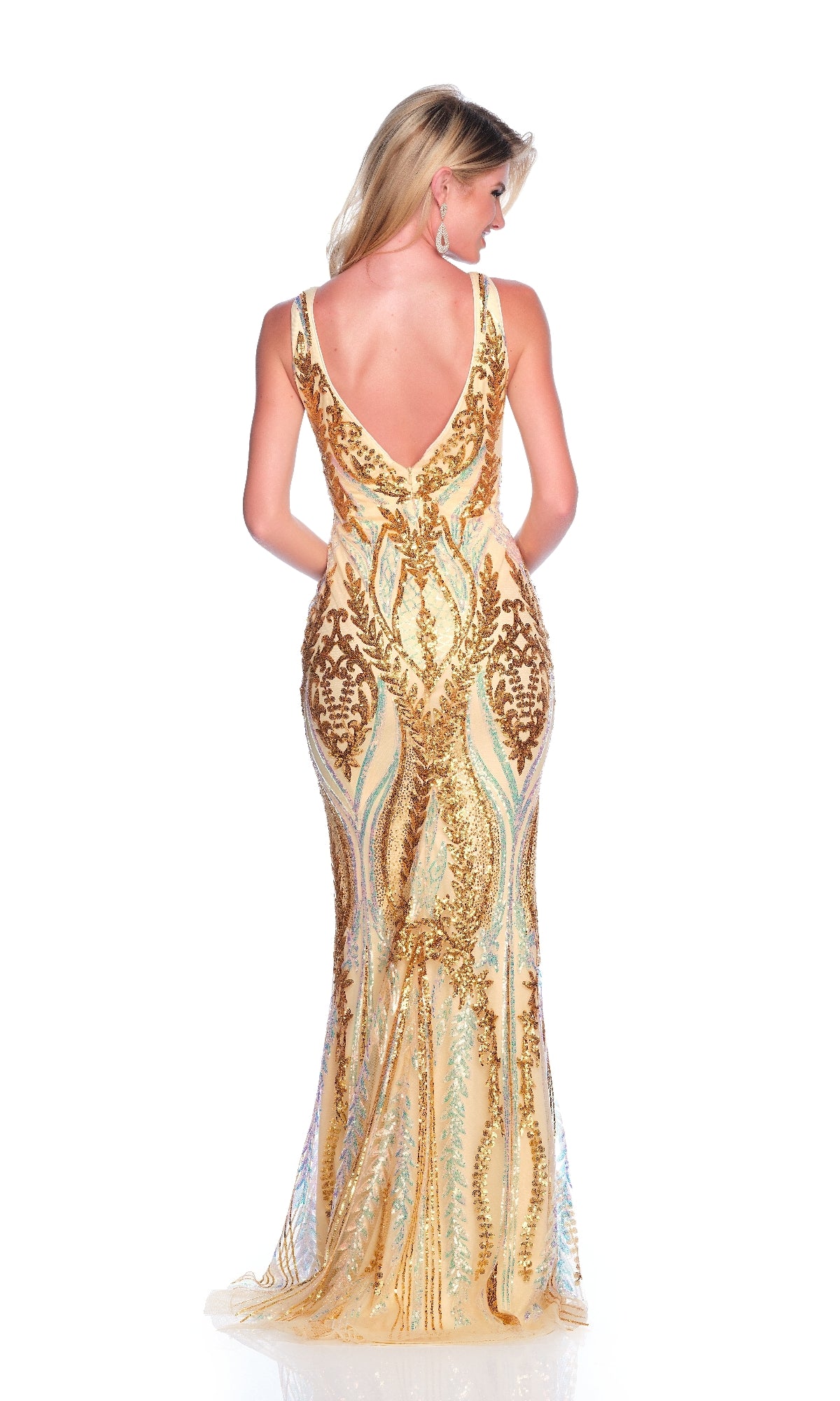 A woman stands facing away against a white background, wearing the Gold Prom Dress: Dave and Johnny 12135—a sleeveless, floor-length gown with an open back that shimmers elegantly.